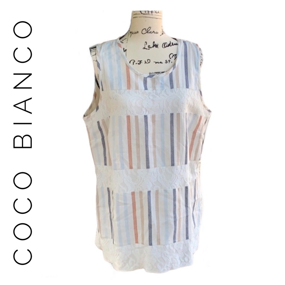 COCO BIANCO Sleeveless Linen and Lace StripeTop  L